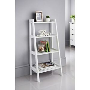 white ladder shelves in a white living room 