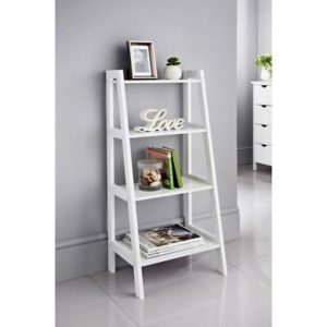 white ladder shelves in a white living room